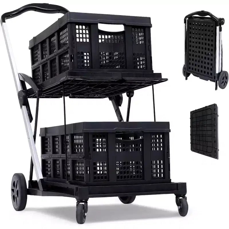 Two Layers Folding Shopping Carts,Multi Use Collapsible Carts with 360 Rolling Swivel Wheels Shopping Cart with Storage Crate for Groceries, Warehouse