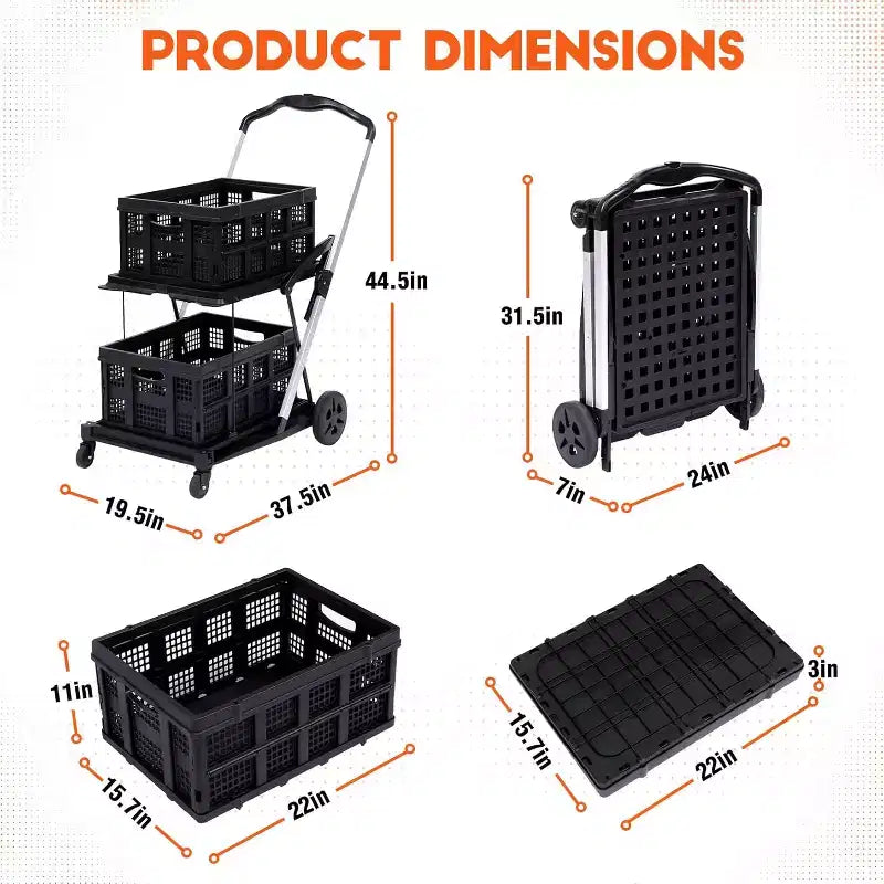 Chariots de courses pliables à deux niveaux, chariots pliables multifonctionnels avec roues pivotantes à 360°, chariot de courses avec caisse de rangement pour l'épicerie, l'entrepôt