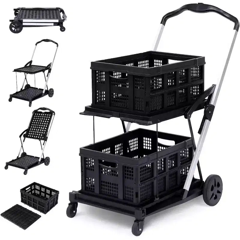 Chariots de courses pliables à deux niveaux, chariots pliables multifonctionnels avec roues pivotantes à 360°, chariot de courses avec caisse de rangement pour l'épicerie, l'entrepôt
