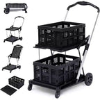 Chariots de courses pliables à deux niveaux, chariots pliables multifonctionnels avec roues pivotantes à 360°, chariot de courses avec caisse de rangement pour l'épicerie, l'entrepôt