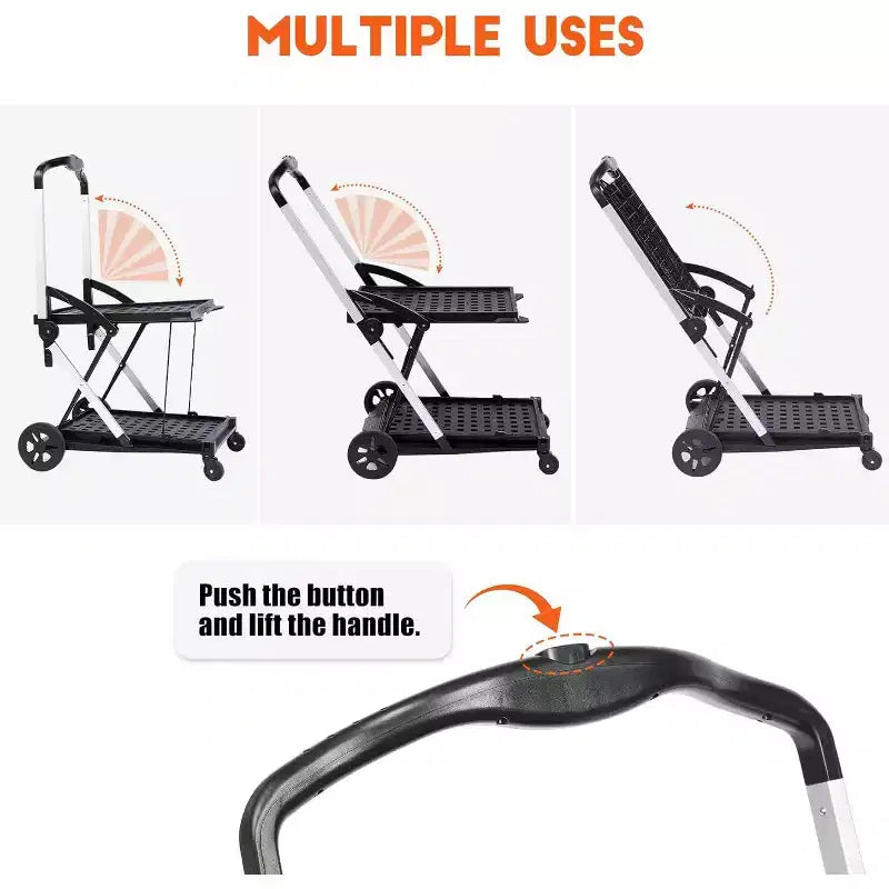 Chariots de courses pliables à deux niveaux, chariots pliables multifonctionnels avec roues pivotantes à 360°, chariot de courses avec caisse de rangement pour l'épicerie, l'entrepôt