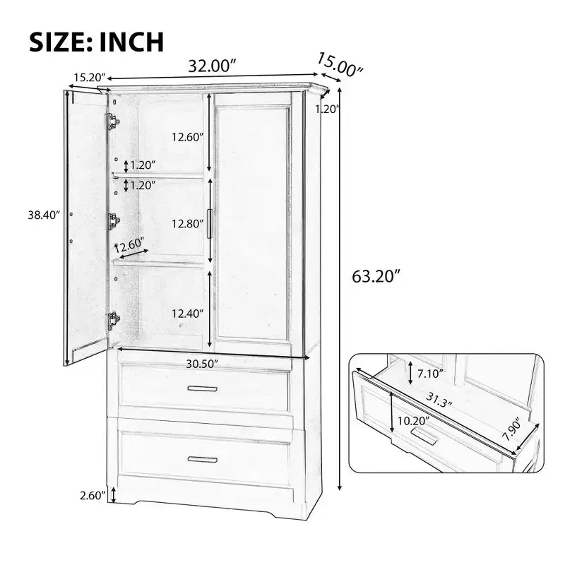 Meuble de salle de bain haut CASAINC avec deux portes et tiroirs, étagère réglable, panneau MDF