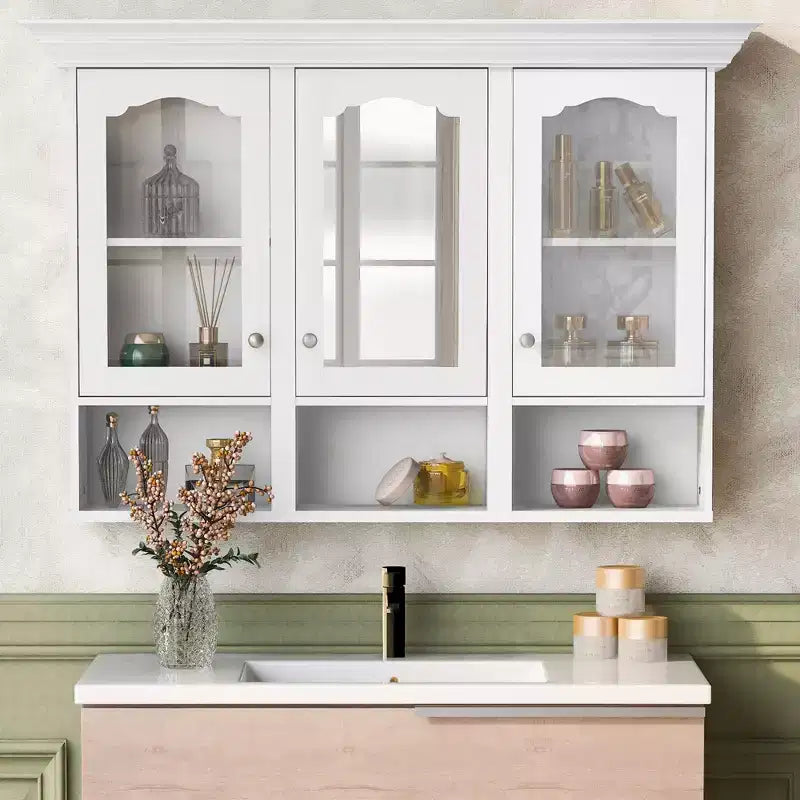 CASAINC Armoire murale 47 po avec miroir, 3 étagères réglables et compartiments de rangement ouverts