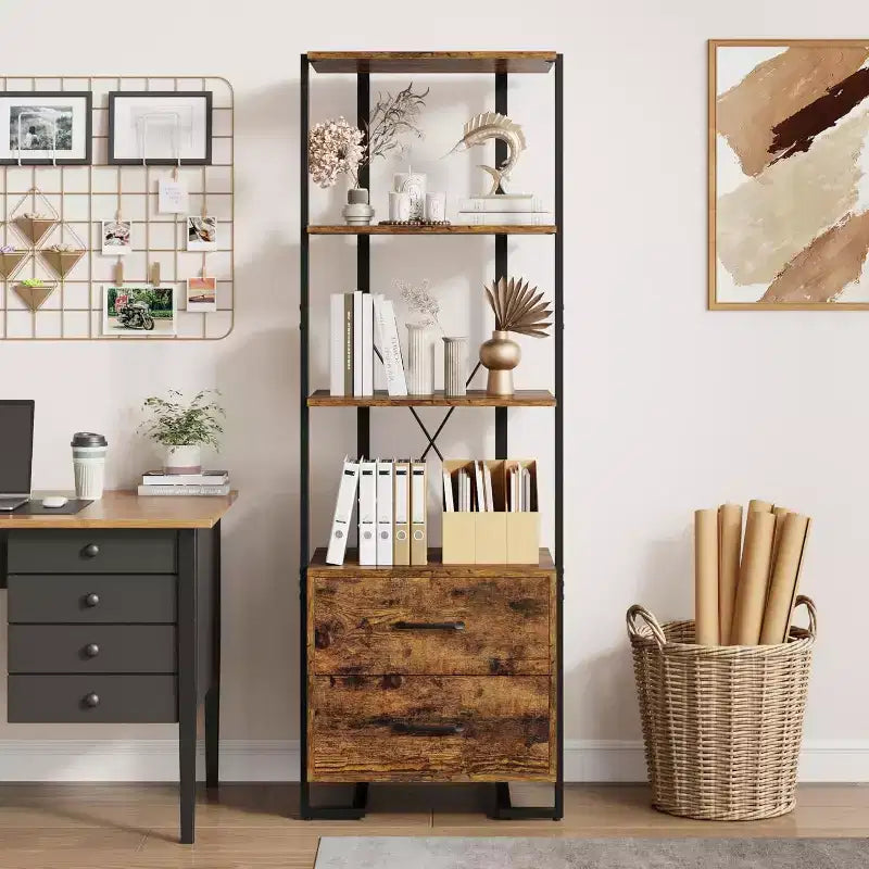 Bibliothèque 4 étagères avec tiroirs de rangement, étagère ouverte de 180 cm de haut pour salon, chambre, bureau
