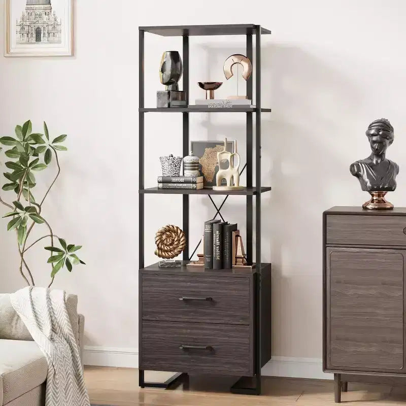 Bibliothèque 4 étagères avec tiroirs de rangement, étagère ouverte de 180 cm de haut pour salon, chambre, bureau