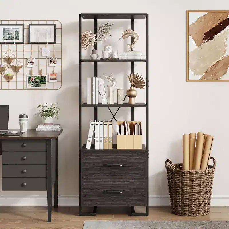 Bibliothèque 4 étagères avec tiroirs de rangement, étagère ouverte de 180 cm de haut pour salon, chambre, bureau