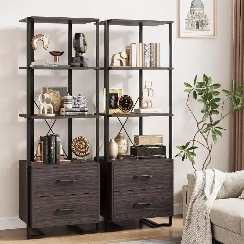 Bibliothèque 4 étagères avec tiroirs de rangement, étagère ouverte de 180 cm de haut pour salon, chambre, bureau
