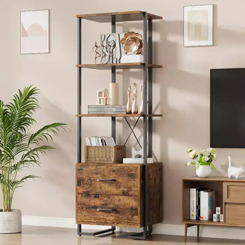 Bibliothèque 4 étagères avec tiroirs de rangement, étagère ouverte de 180 cm de haut pour salon, chambre, bureau