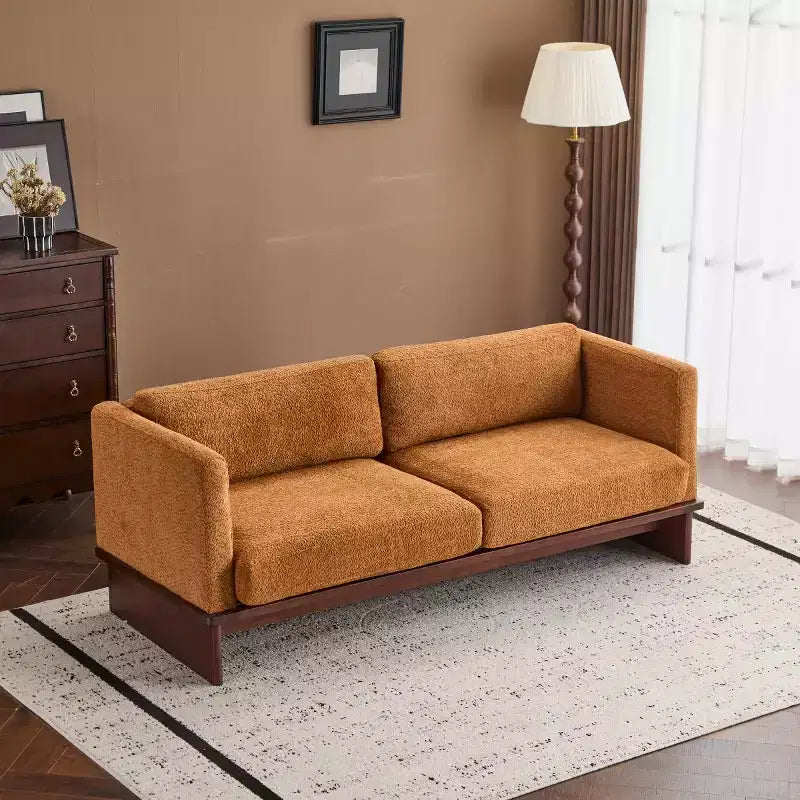Canapé moderne 77 avec accoudoirs carrés et base en bois massif, causeuse en velours côtelé pour petit salon, chambre ou appartement - Panipeachy