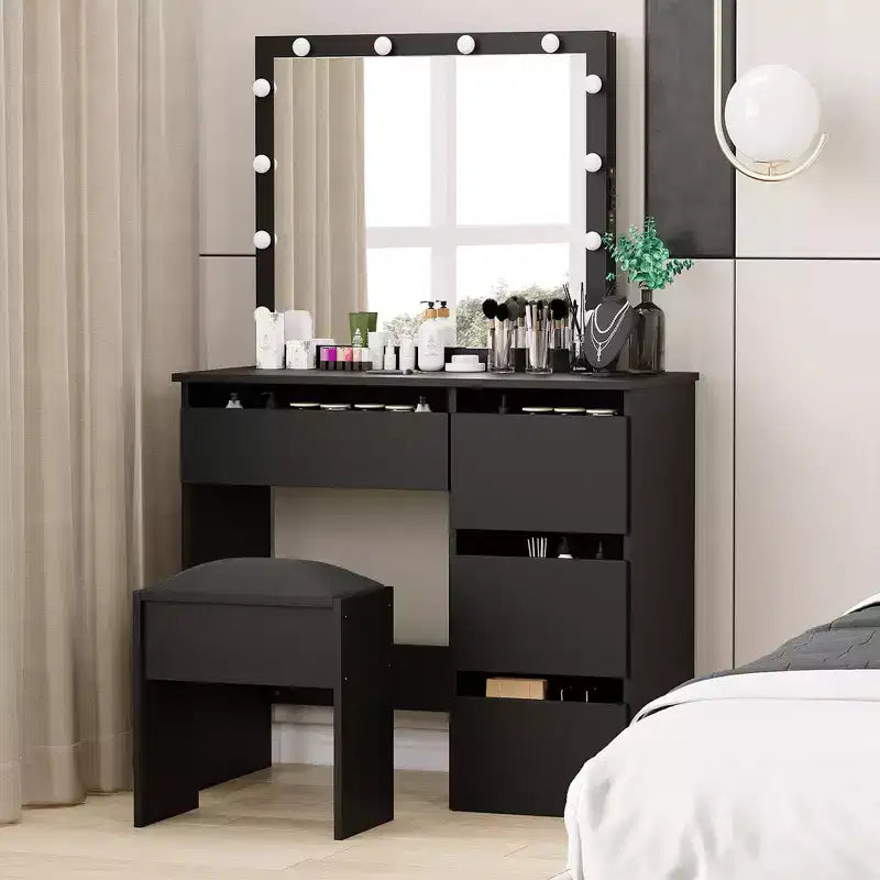 Acekool Vanity Bench with Soft Padded Cushion, Elegant Makeup Stool, Sturdy Seat for Bedroom, Dressing Room, Versatile Accent Chair, Black