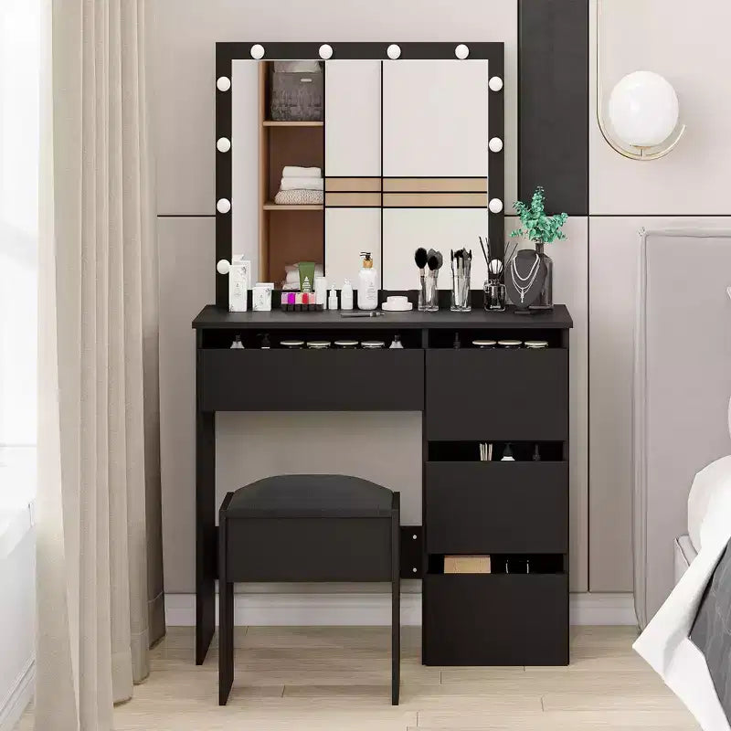 Banc de vanité Acekool avec coussin rembourré doux, tabouret de maquillage élégant, siège robuste pour chambre à coucher, dressing, chaise d'appoint polyvalente, noir