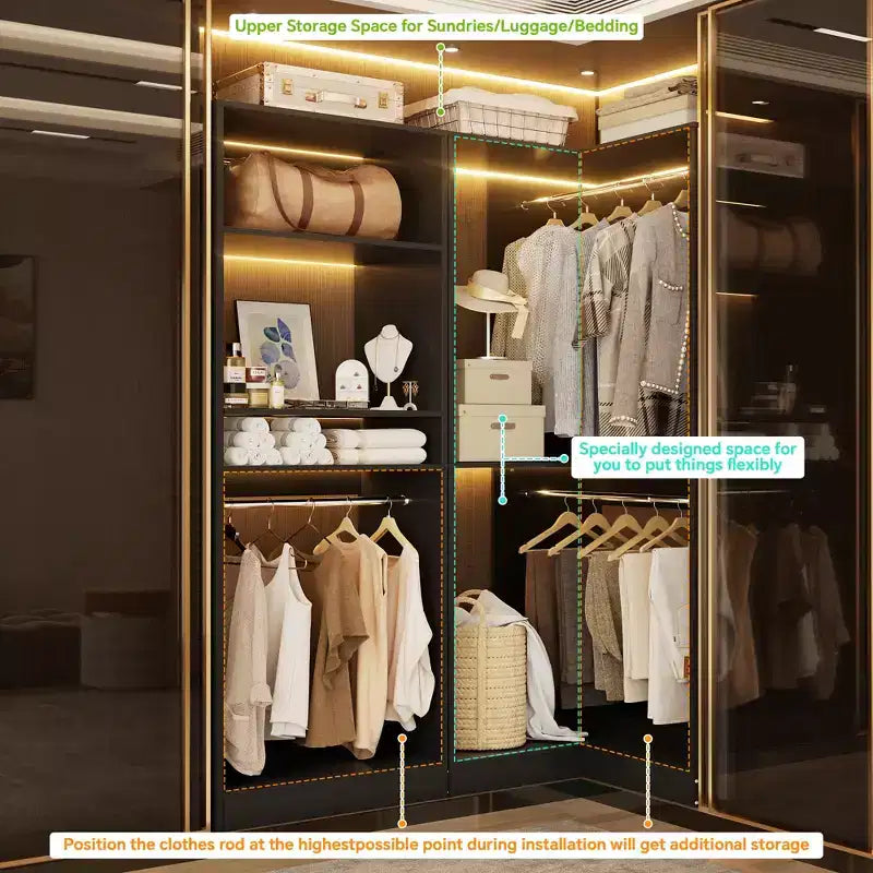 Organisateurs de Dressing Besiost avec 7 étagères, système de rangement de dressing d'angle autoportant avec espace de rangement et 4 tringles
