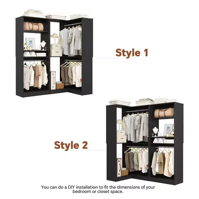Organisateurs de Dressing Besiost avec 7 étagères, système de rangement de dressing d'angle autoportant avec espace de rangement et 4 tringles