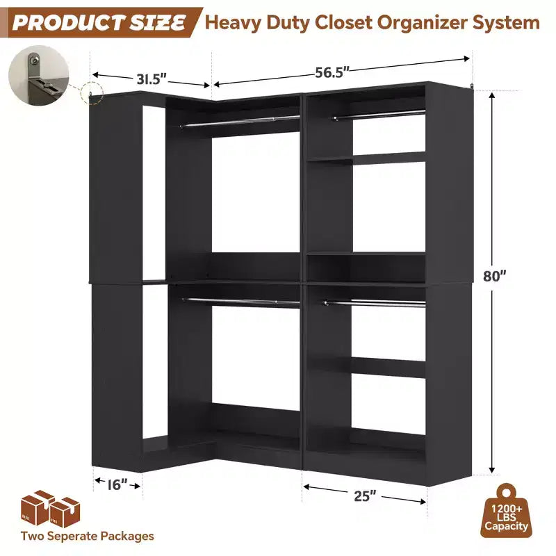 Organisateurs de Dressing Besiost avec 7 étagères, système de rangement de dressing d'angle autoportant avec espace de rangement et 4 tringles