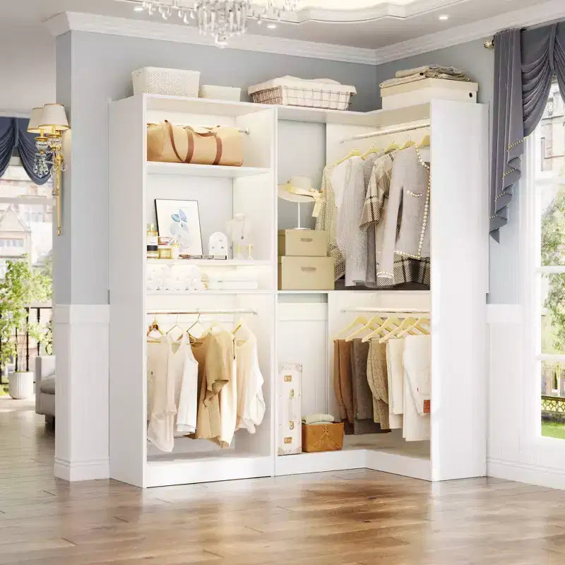 Organisateurs de Dressing Besiost avec 7 étagères, système de rangement de dressing d'angle autoportant avec espace de rangement et 4 tringles
