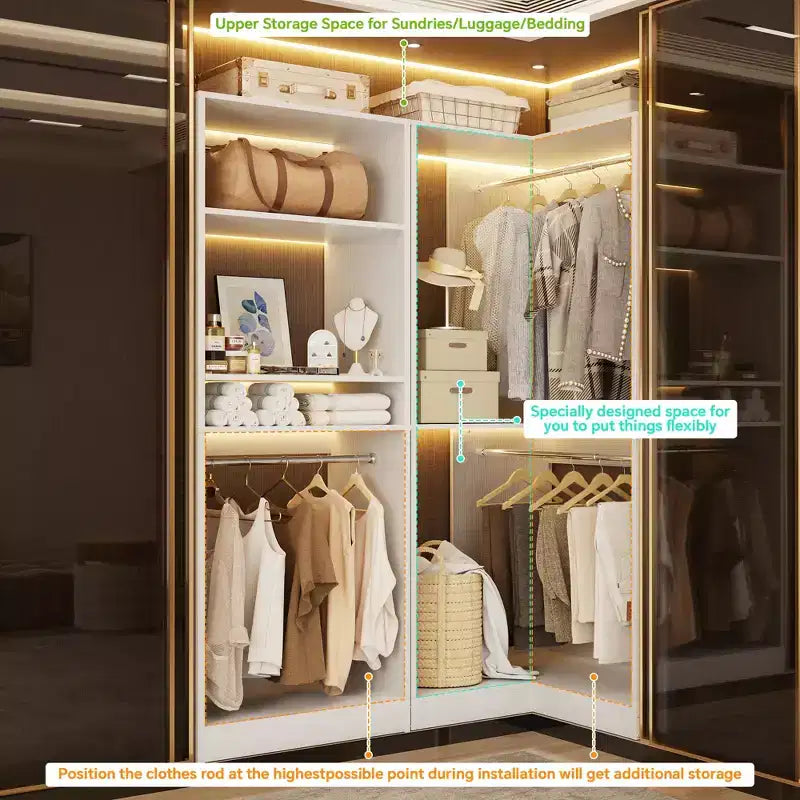 Organisateurs de Dressing Besiost avec 7 étagères, système de rangement de dressing d'angle autoportant avec espace de rangement et 4 tringles