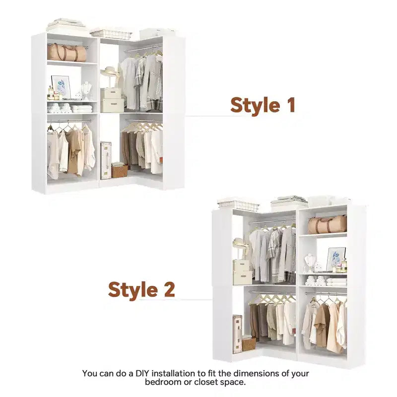 Organisateurs de Dressing Besiost avec 7 étagères, système de rangement de dressing d'angle autoportant avec espace de rangement et 4 tringles