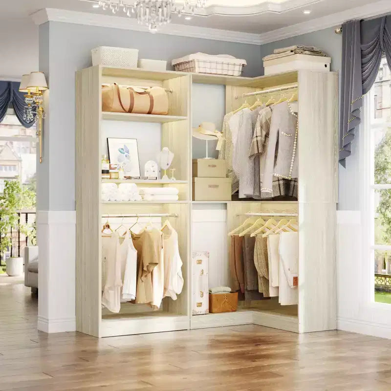 Organisateurs de Dressing Besiost avec 7 étagères, système de rangement de dressing d'angle autoportant avec espace de rangement et 4 tringles