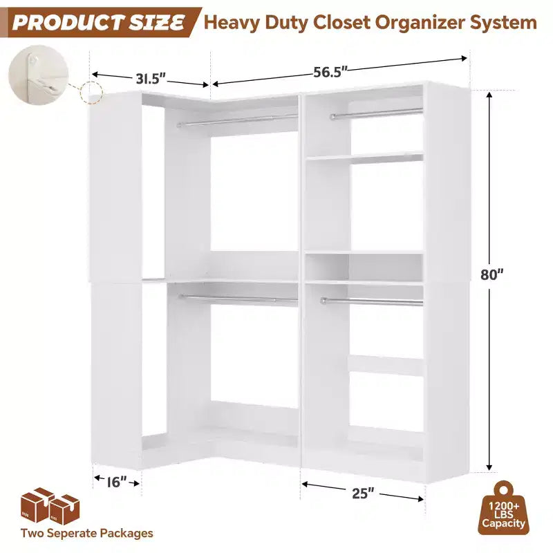 Organisateurs de Dressing Besiost avec 7 étagères, système de rangement de dressing d'angle autoportant avec espace de rangement et 4 tringles