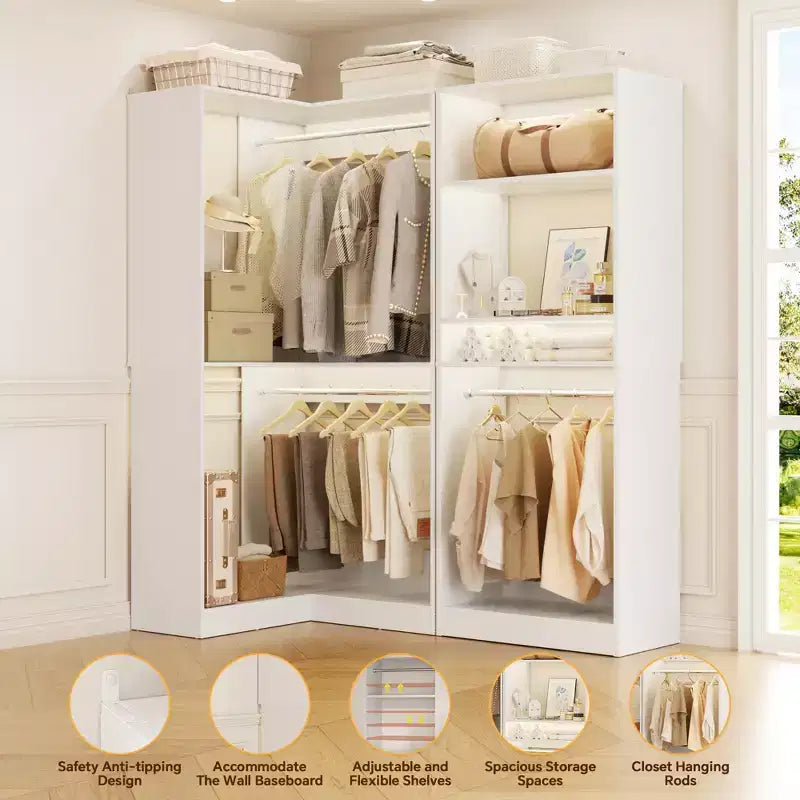 Organisateurs de Dressing Besiost avec 7 étagères, système de rangement de dressing d'angle autoportant avec espace de rangement et 4 tringles