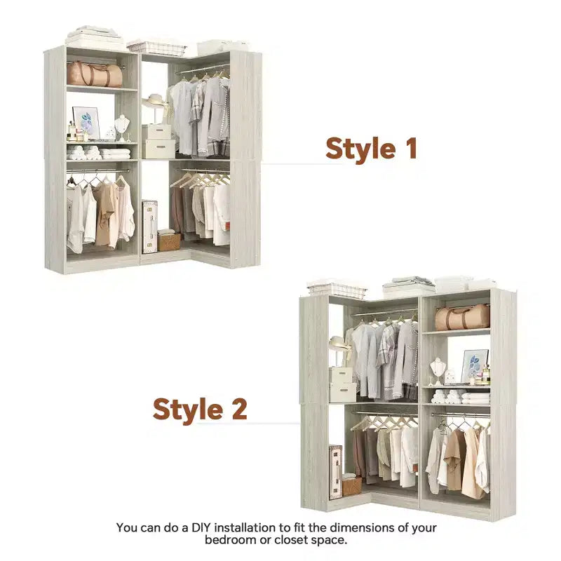 Organisateurs de Dressing Besiost avec 7 étagères, système de rangement de dressing d'angle autoportant avec espace de rangement et 4 tringles