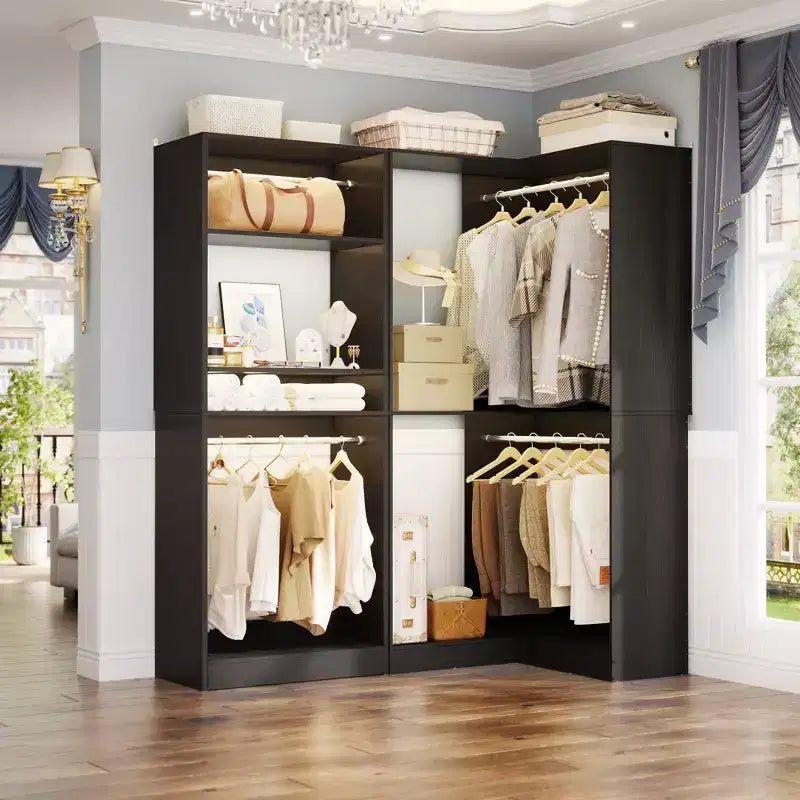 Organisateurs de Dressing Besiost avec 7 étagères, système de rangement de dressing d'angle autoportant avec espace de rangement et 4 tringles