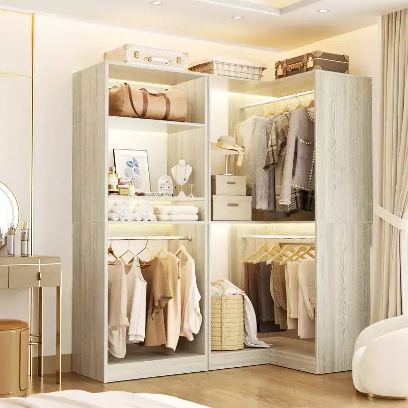 Besiost Walk-In Closet Organizers with 7 Shelves, Freestanding Corner Closet Sysrtem with Storage and 4 Rods
