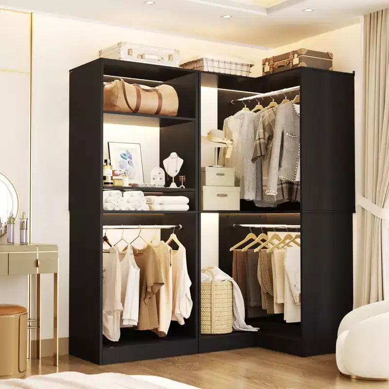 Organisateurs de Dressing Besiost avec 7 étagères, système de rangement de dressing d'angle autoportant avec espace de rangement et 4 tringles