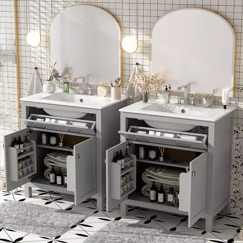 Meuble-lavabo de salle de bain 60 po avec lavabos doubles, ensemble de meuble-lavabo avec portes et tiroir à fermeture amortie