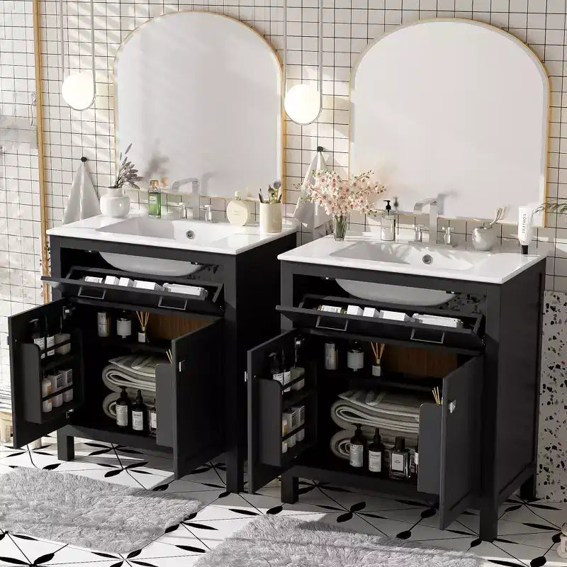 Meuble-lavabo de salle de bain 60 po avec lavabos doubles, ensemble de meuble-lavabo avec portes et tiroir à fermeture amortie