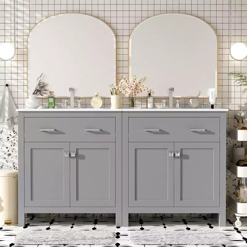 Meuble-lavabo de salle de bain 60 po avec lavabos doubles, ensemble de meuble-lavabo avec portes et tiroir à fermeture amortie