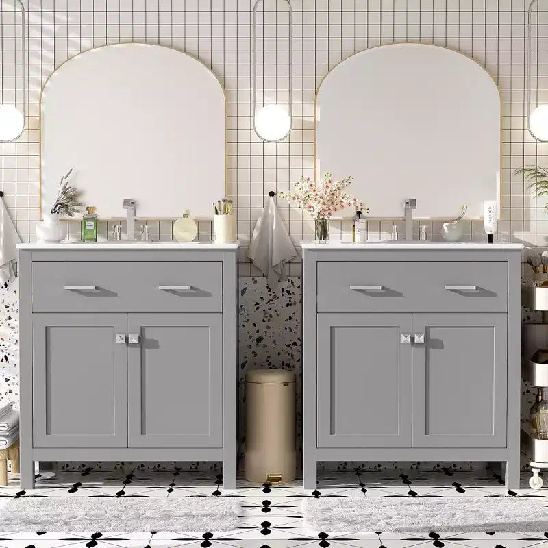 Meuble-lavabo de salle de bain 60 po avec lavabos doubles, ensemble de meuble-lavabo avec portes et tiroir à fermeture amortie