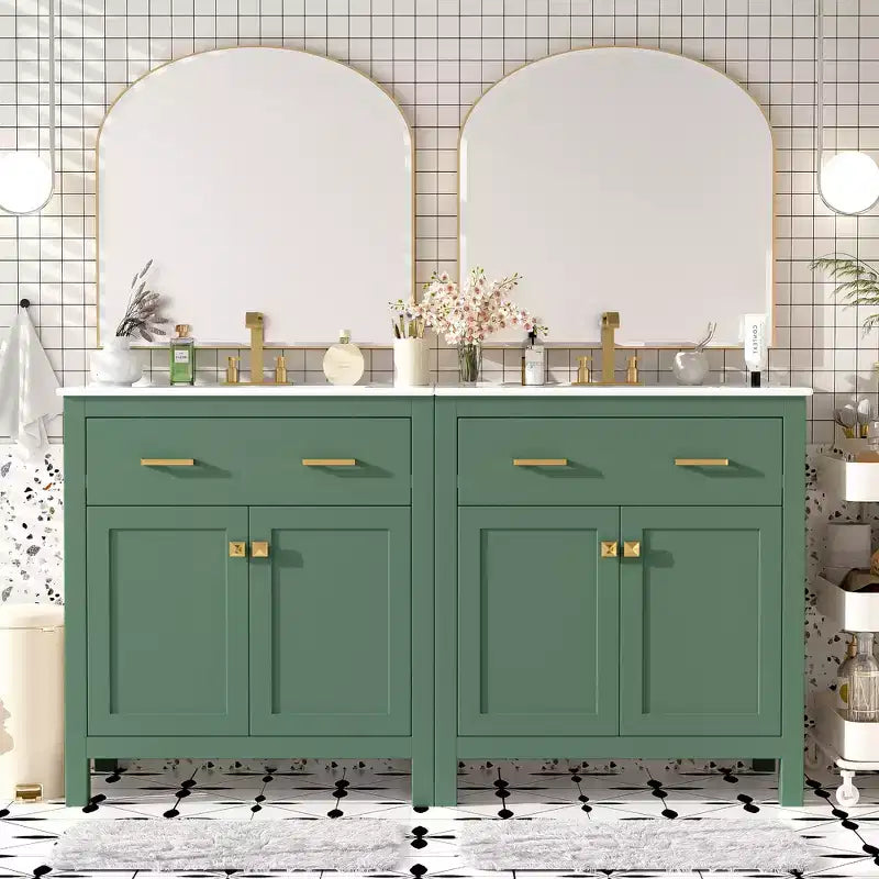 Meuble-lavabo de salle de bain 60 po avec lavabos doubles, ensemble de meuble-lavabo avec portes et tiroir à fermeture amortie