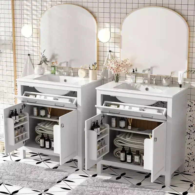 Meuble-lavabo de salle de bain 60 po avec lavabos doubles, ensemble de meuble-lavabo avec portes et tiroir à fermeture amortie