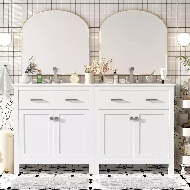 Meuble-lavabo de salle de bain 60 po avec lavabos doubles, ensemble de meuble-lavabo avec portes et tiroir à fermeture amortie