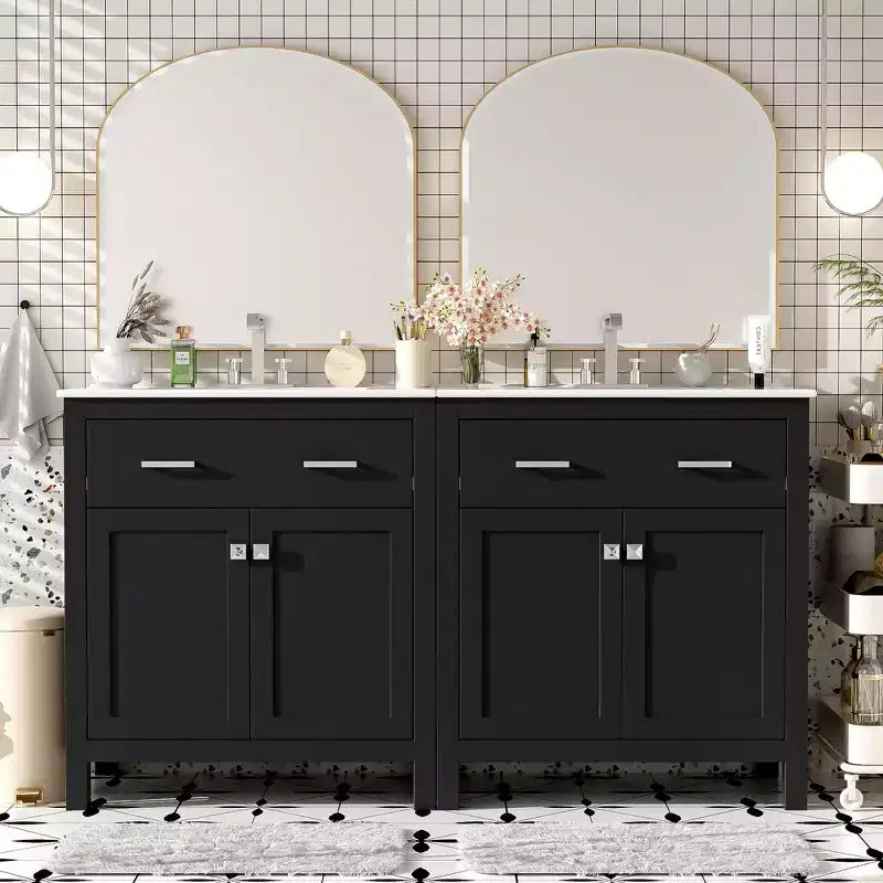 Meuble-lavabo de salle de bain 60 po avec lavabos doubles, ensemble de meuble-lavabo avec portes et tiroir à fermeture amortie