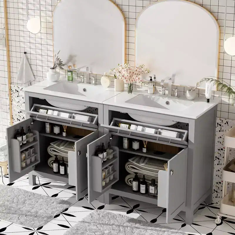 Meuble-lavabo de salle de bain 60 po avec lavabos doubles, ensemble de meuble-lavabo avec portes et tiroir à fermeture amortie