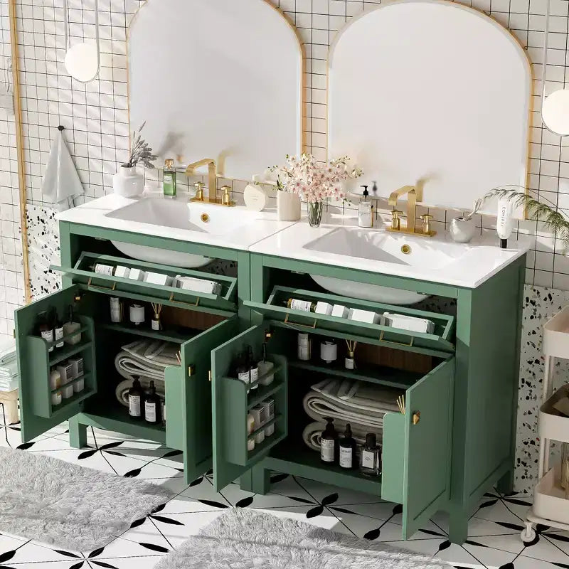 Meuble-lavabo de salle de bain 60 po avec lavabos doubles, ensemble de meuble-lavabo avec portes et tiroir à fermeture amortie