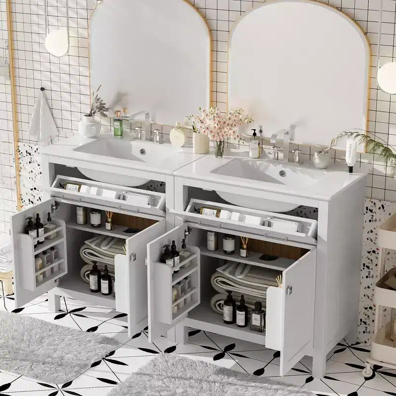 Meuble-lavabo de salle de bain 60 po avec lavabos doubles, ensemble de meuble-lavabo avec portes et tiroir à fermeture amortie