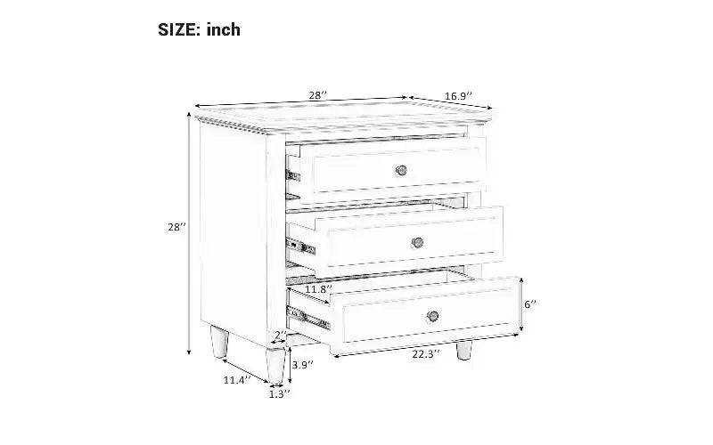 Table d'appoint de rangement à glissière TUYOHW, table de chevet moderne à 3 tiroirs avec pieds en bois d'hévéa, table d'appoint facile à assembler pour chambre à coucher et salon