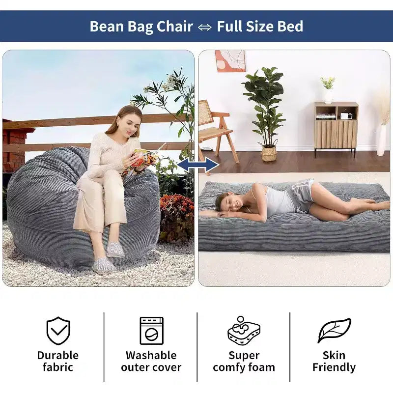Pouf convertible adulte avec housse en velours côtelé lavable, lit de pouf surdimensionné