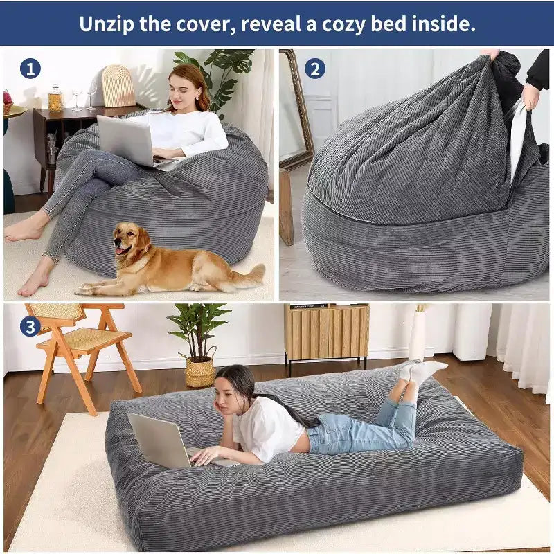 Pouf convertible adulte avec housse en velours côtelé lavable, lit de pouf surdimensionné
