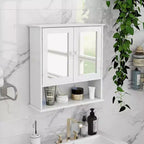 Armoire à pharmacie murale avec portes à double miroir, étagères réglables et étagère ouverte en bois blanc, 17,69 pouces, parfaite pour la salle de bain ou la cuisine.