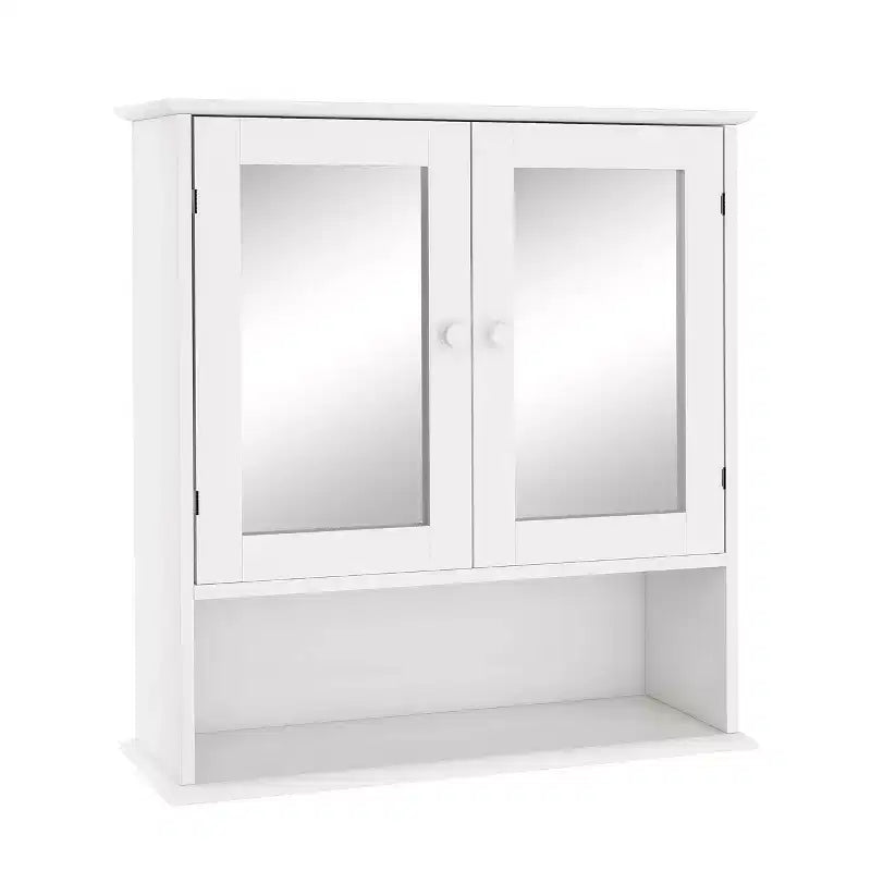 Armoire à pharmacie murale avec portes à double miroir, étagères réglables et étagère ouverte en bois blanc, 17,69 pouces, parfaite pour la salle de bain ou la cuisine.