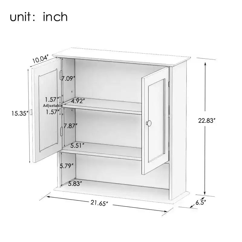 Armoire à pharmacie murale avec portes à double miroir, étagères réglables et étagère ouverte en bois blanc, 17,69 pouces, parfaite pour la salle de bain ou la cuisine.