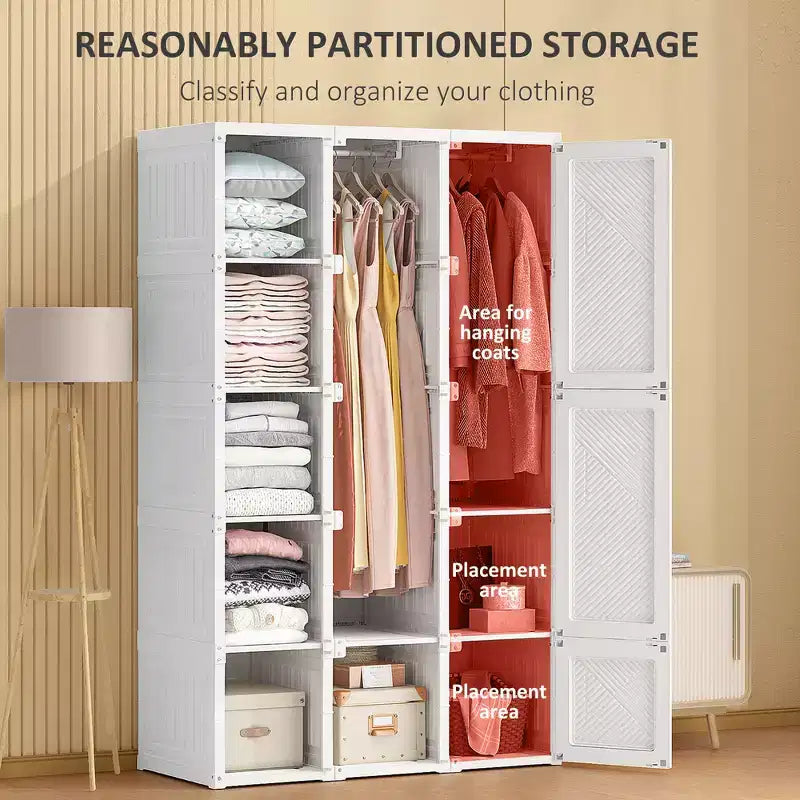 Armoire portative en tissu, organisateur de rangement de vêtements pliable avec 8 compartiments cubiques, 2 tringles de suspension, 11 portes magnétiques