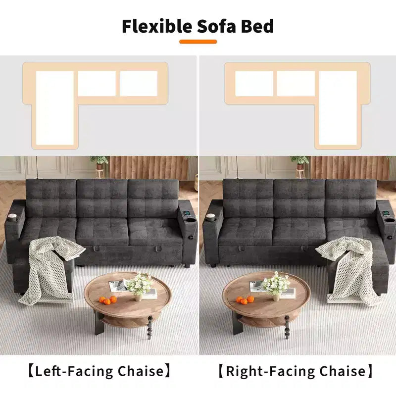 Canapé-lit sectionnel 84" avec méridienne de rangement et USB, canapé d'angle en velours côtelé convertible pour salon ou appartement, gris foncé