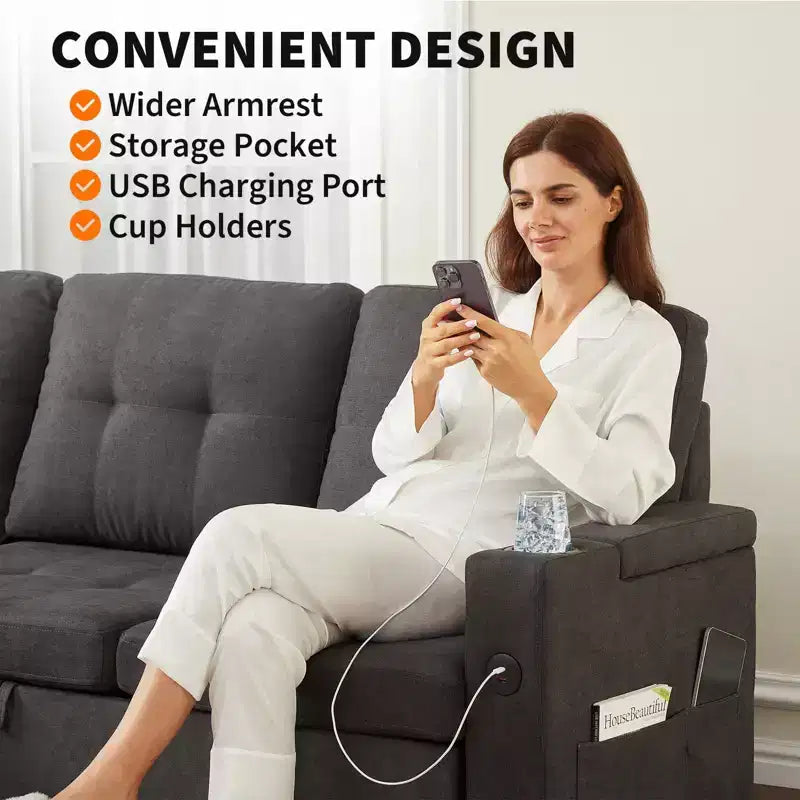 Canapé-lit sectionnel 84" avec méridienne de rangement et USB, canapé d'angle en velours côtelé convertible pour salon ou appartement, gris foncé