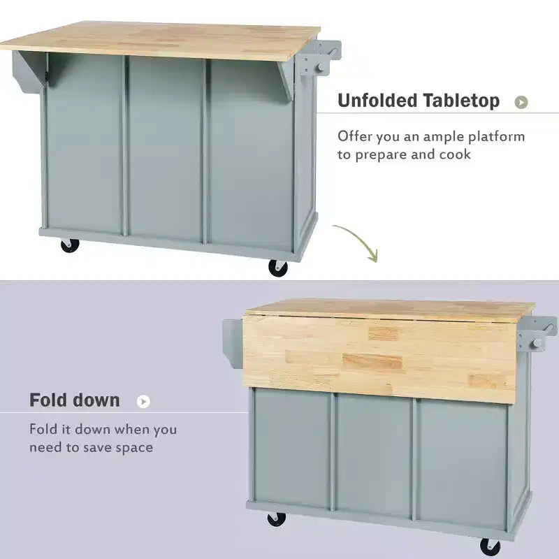 TUYOHW Îlot de Cuisine Roulant 135 cm avec Abattant, Armoire de Rangement et 3 Tiroirs