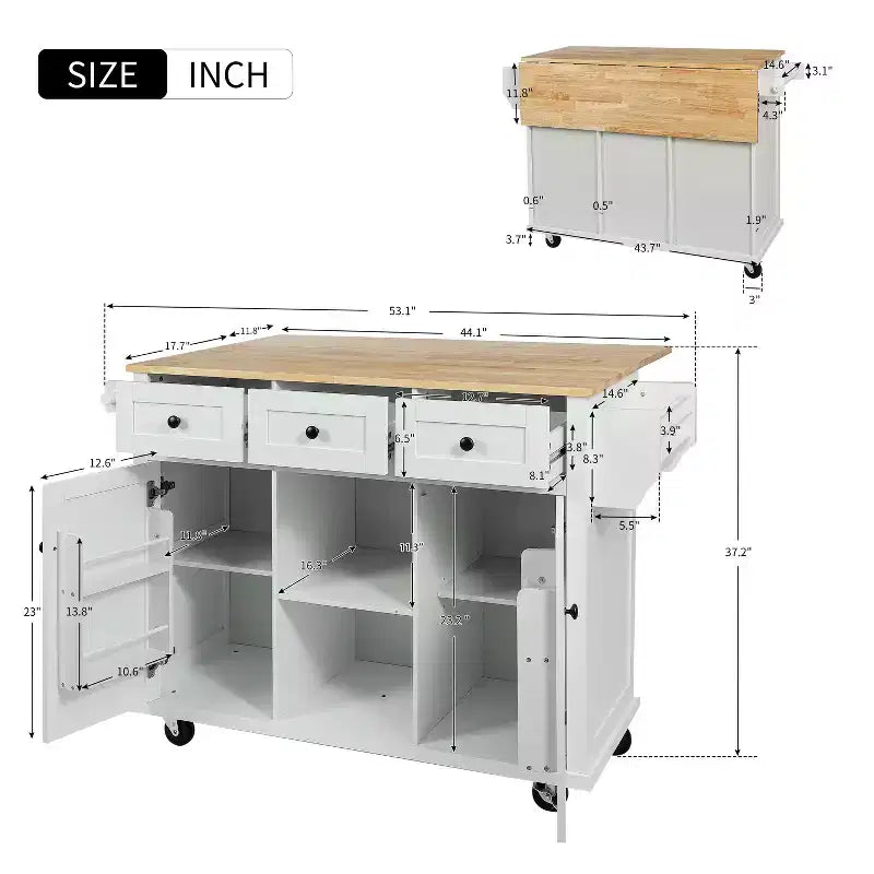 TUYOHW Îlot de Cuisine Roulant 135 cm avec Abattant, Armoire de Rangement et 3 Tiroirs